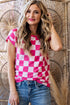 Short Sleeve Checkerboard Pattern Lightweight Knit Sweater