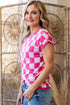 Short Sleeve Checkerboard Pattern Lightweight Knit Sweater