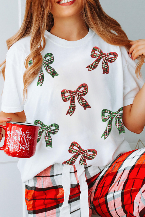 Short Sleeve Crew Neck Graphic Bow Print Jersey Tee