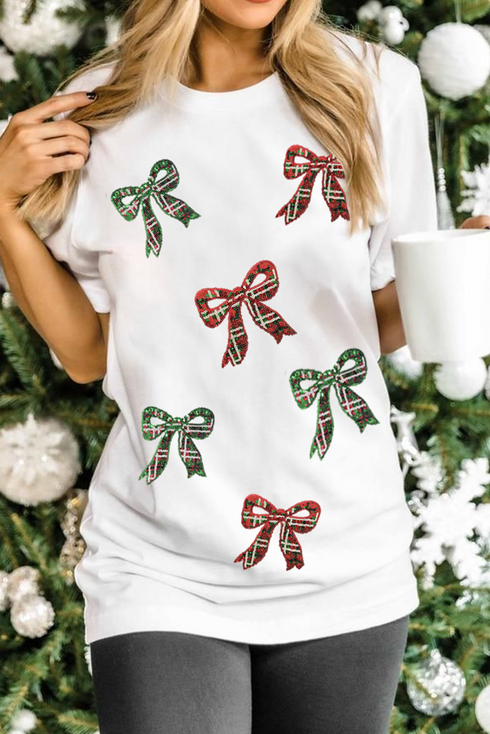 Short Sleeve Crew Neck Graphic Bow Print Jersey Tee