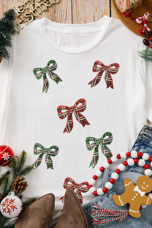 Short Sleeve Crew Neck Graphic Bow Print Jersey Tee