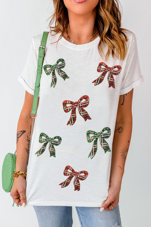 Short Sleeve Crew Neck Graphic Bow Print Jersey Tee