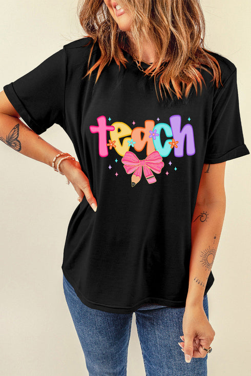 Short Sleeve Crew Neck Teach Graphic Print Tee