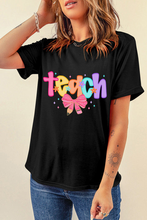 Short Sleeve Crew Neck Teach Graphic Print Tee