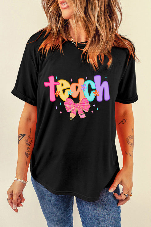 Short Sleeve Crew Neck Teach Graphic Print Tee