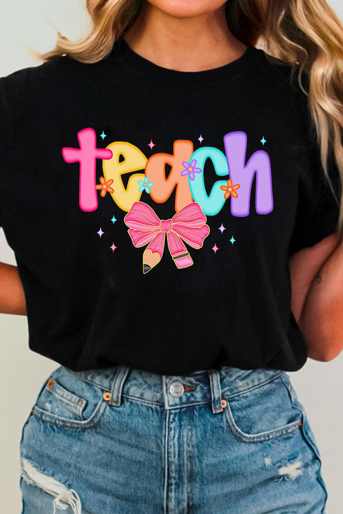 Short Sleeve Crew Neck Teach Graphic Print Tee