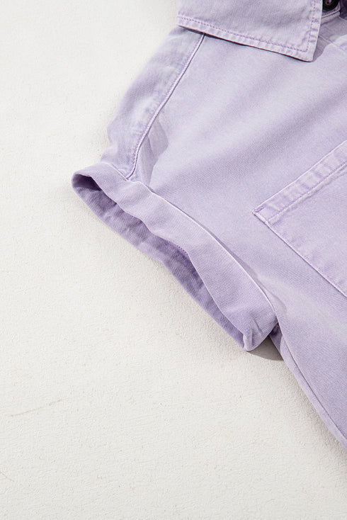 Short Sleeve Double Chest Pocket Denim Shirt Dress