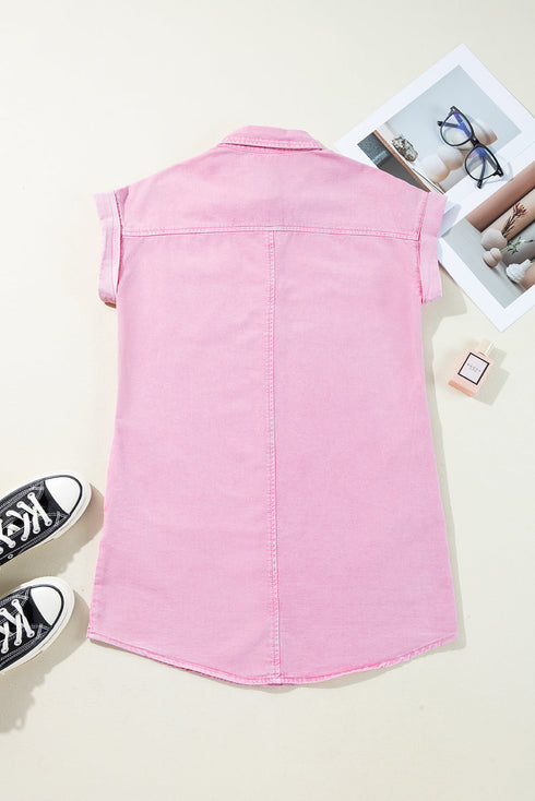 Short Sleeve Double Pocket Solid Denim Shirt Mini Dress