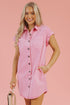 Short Sleeve Double Pocket Solid Denim Shirt Mini Dress