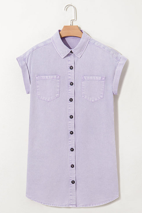 Short Sleeve Double Pocket Solid Denim Shirt Mini Dress