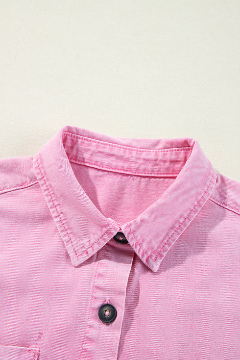 Short Sleeve Double Pocket Solid Denim Shirt Mini Dress