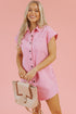 Short Sleeve Double Pocket Solid Denim Shirt Mini Dress