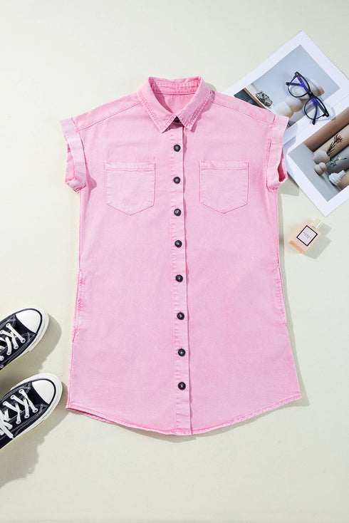 Short Sleeve Double Pocket Solid Denim Shirt Mini Dress