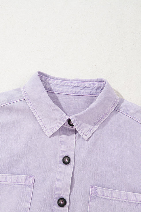 Short Sleeve Double Pocket Solid Denim Shirt Mini Dress