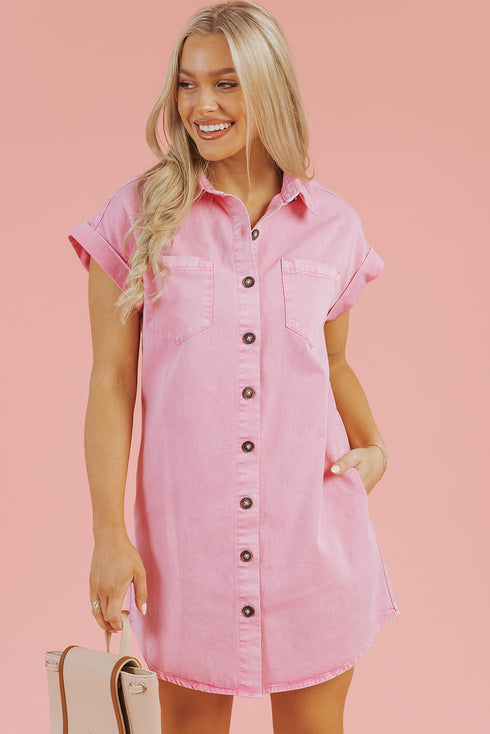 Short Sleeve Double Pocket Solid Denim Shirt Mini Dress