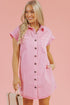 Short Sleeve Double Pocket Solid Denim Shirt Mini Dress