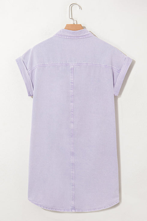 Short Sleeve Double Pocket Solid Denim Shirt Mini Dress