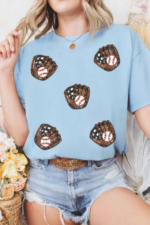 Short Sleeve Embellished Baseball Mitt Graphic Tee