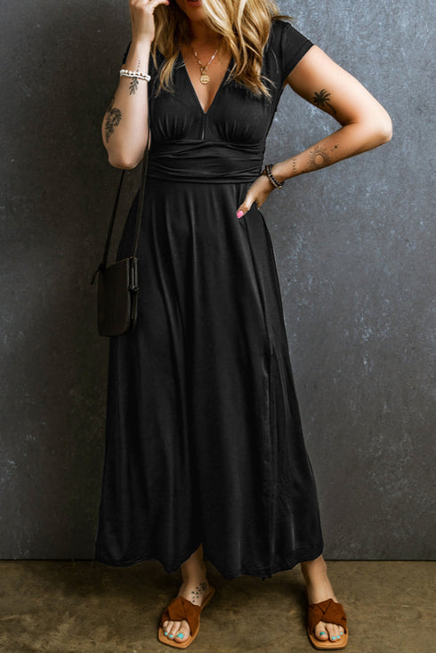 Short Sleeve Empire Waist V Neck Maxi Dress