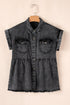 Short Sleeve Flap Pocket Raw Hem Button Up Denim Shirt