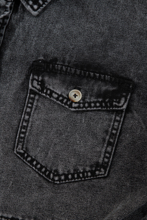 Short Sleeve Flap Pocket Raw Hem Button Up Denim Shirt