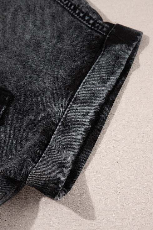 Short Sleeve Flap Pocket Raw Hem Button Up Denim Shirt