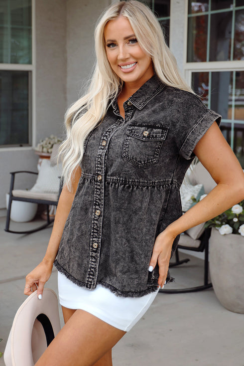 Short Sleeve Flap Pocket Raw Hem Button Up Denim Shirt