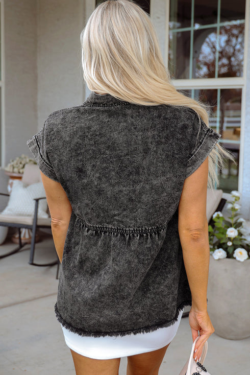 Short Sleeve Flap Pocket Raw Hem Button Up Denim Shirt