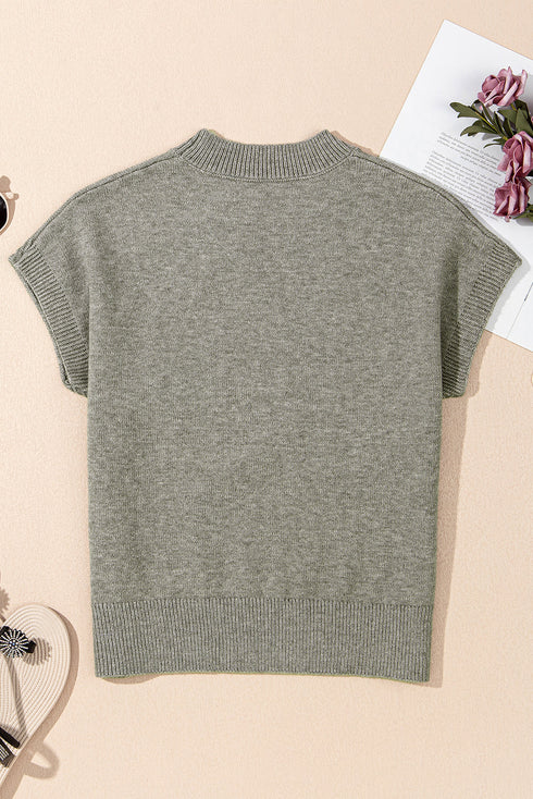 Short Sleeve Floral Applique Ribbed Knit Sweater Top