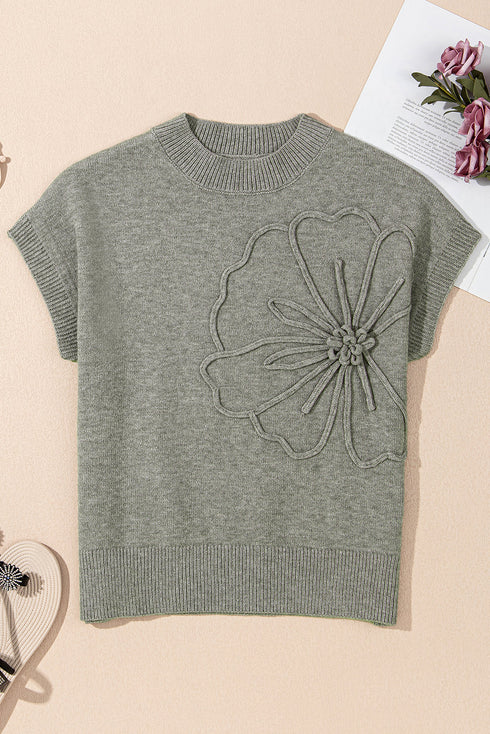Short Sleeve Floral Applique Ribbed Knit Sweater Top