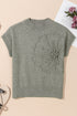 Short Sleeve Floral Applique Ribbed Knit Sweater Top