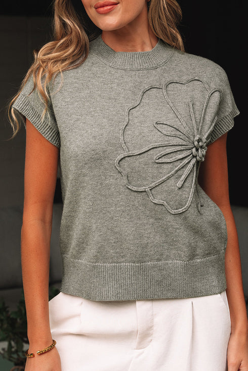 Short Sleeve Floral Applique Ribbed Knit Sweater Top