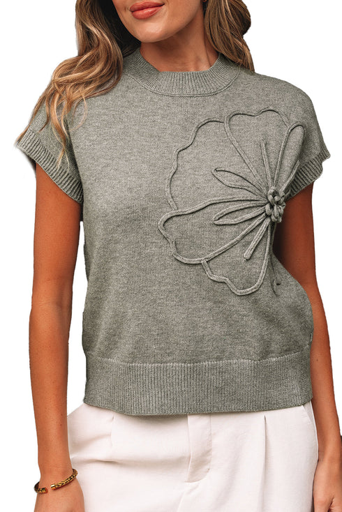 Short Sleeve Floral Applique Ribbed Knit Sweater Top