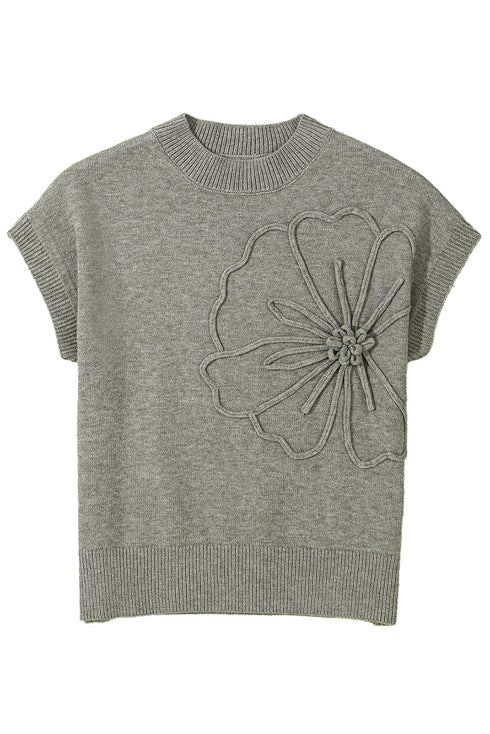 Short Sleeve Floral Applique Ribbed Knit Sweater Top