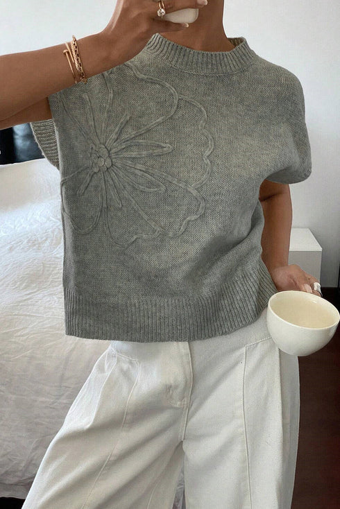 Short Sleeve Floral Applique Ribbed Knit Sweater Top