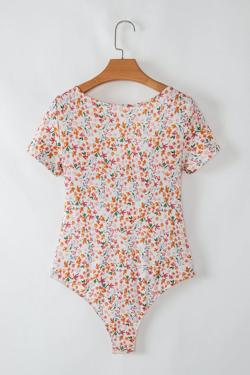 Short Sleeve Floral Print Ruched Sweetheart Bodysuit