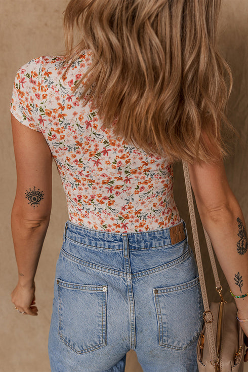 Short Sleeve Floral Print Ruched Sweetheart Bodysuit