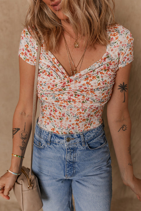 Short Sleeve Floral Print Ruched Sweetheart Bodysuit