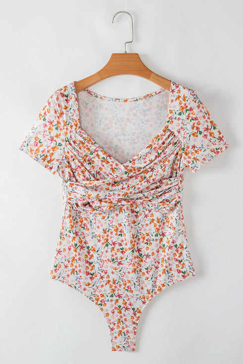 Short Sleeve Floral Print Ruched Sweetheart Bodysuit
