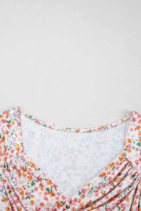 Short Sleeve Floral Print Ruched Sweetheart Bodysuit
