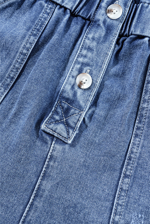 Short Sleeve Folded Edge Button Front Denim Romper
