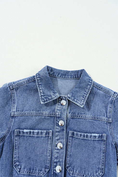 Short Sleeve Folded Edge Button Front Denim Romper