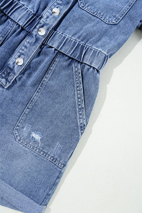 Short Sleeve Folded Edge Button Front Denim Romper