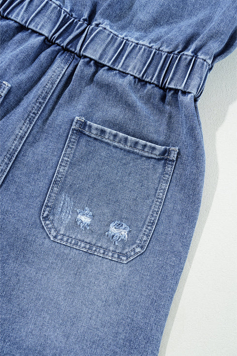 Short Sleeve Folded Edge Button Front Denim Romper