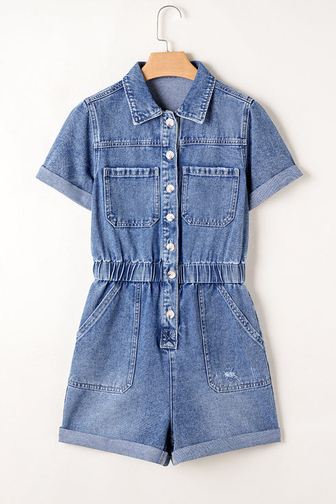 Short Sleeve Folded Edge Button Front Denim Romper