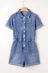 Short Sleeve Folded Edge Button Front Denim Romper