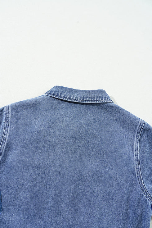 Short Sleeve Folded Edge Button Front Denim Romper
