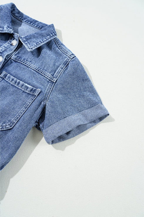 Short Sleeve Folded Edge Button Front Denim Romper