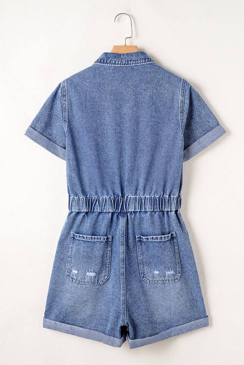 Short Sleeve Folded Edge Button Front Denim Romper