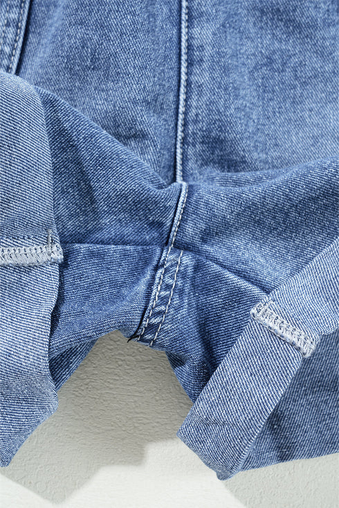 Short Sleeve Folded Edge Button Front Denim Romper